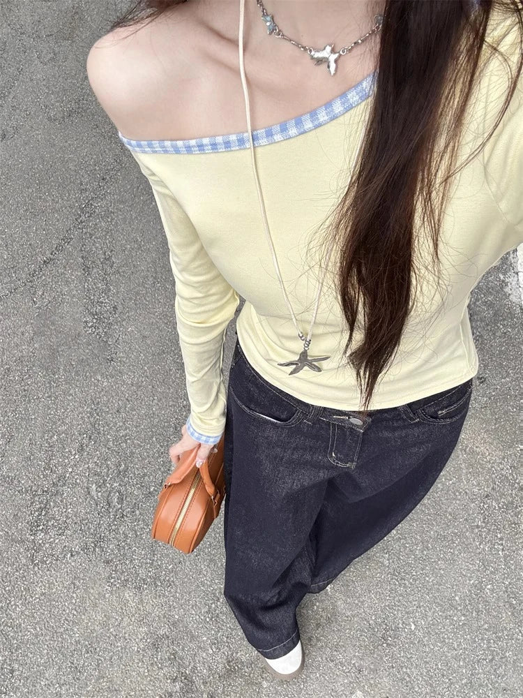 Women Streetwear Vintage Plaid Patchwork Tees Y2k Aesthetic Skew Collar Casual Loose T Shirts Spring Harajuku Grunge Crop Tops