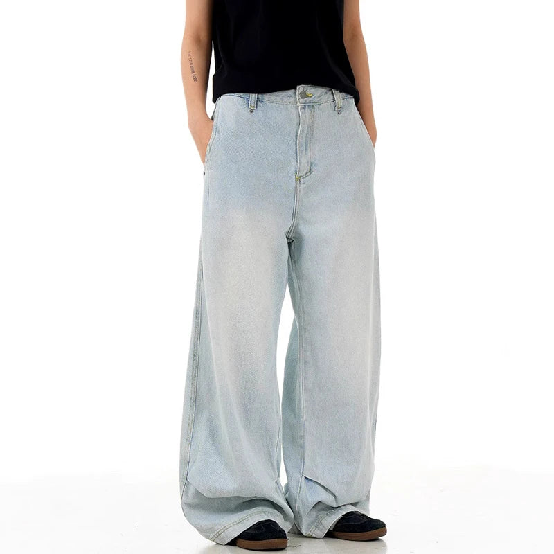 Men's Jeasn New  American Style Curved Knife Design Loose Solid Color Straight Leg Male Summer Casual Trousers 9W1734