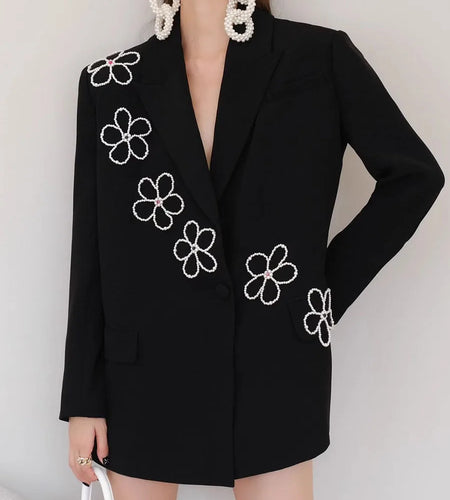 Pearl Three-dimensional Flower Blazer For Women Notchede Collar Hit Color Casual Chic Designer Blazers Female New