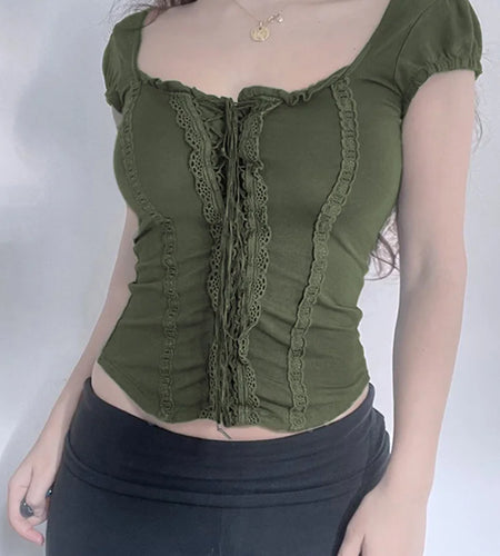y2k Green Lace Crop Top Trim Square Collar Short Sleeve T Shirt Women Fairycore Balletcore Chic Tee Summer Korean 90s