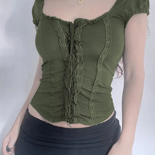 Load image into Gallery viewer, y2k Green Lace Crop Top Trim Square Collar Short Sleeve T Shirt Women Fairycore Balletcore Chic Tee Summer Korean 90s
