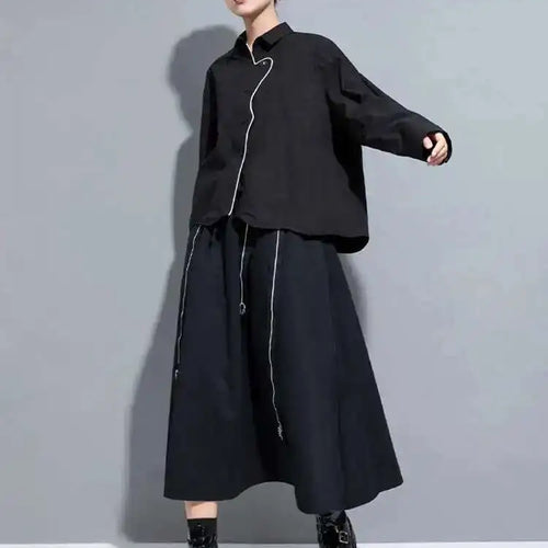 Load image into Gallery viewer, Women Black Color-block Big Size Blouse New Lapel Long Sleeve Loose Fit Shirt Fashion Tide Spring Autumn 2025 1DH0843
