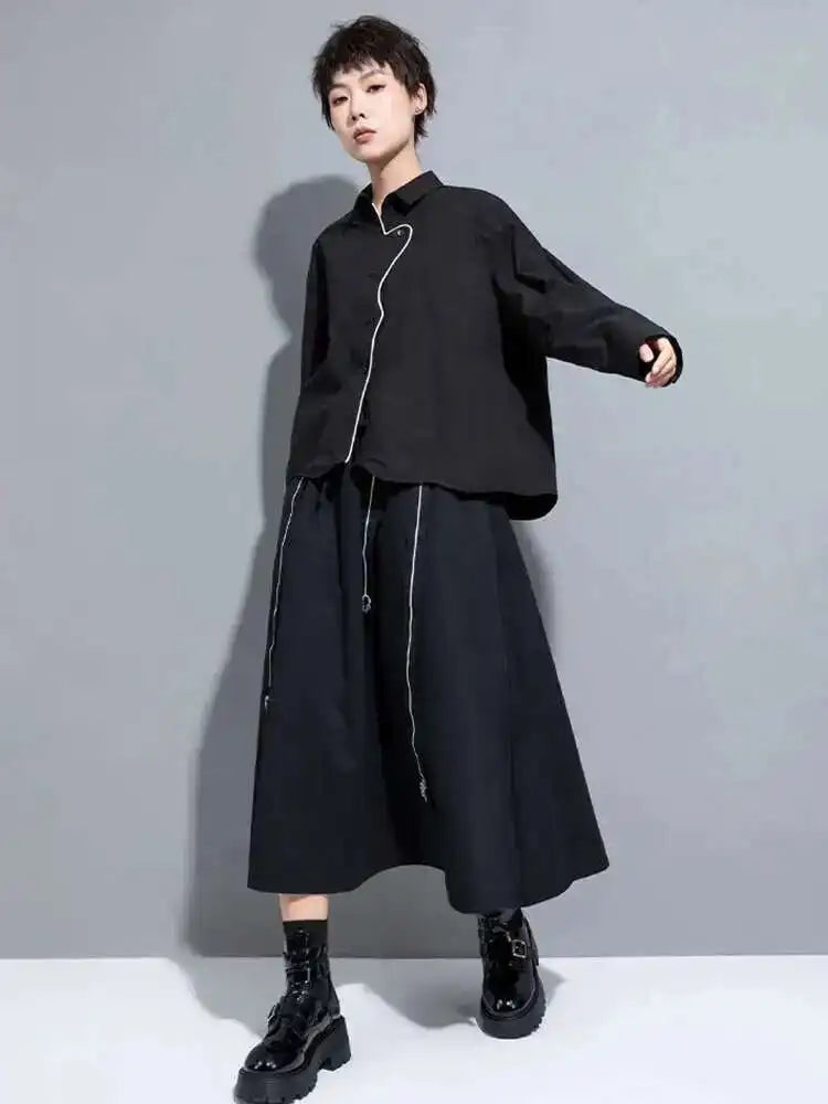 Women Black Color-block Big Size Blouse New Lapel Long Sleeve Loose Fit Shirt Fashion Tide Spring Autumn 2025 1DH0843