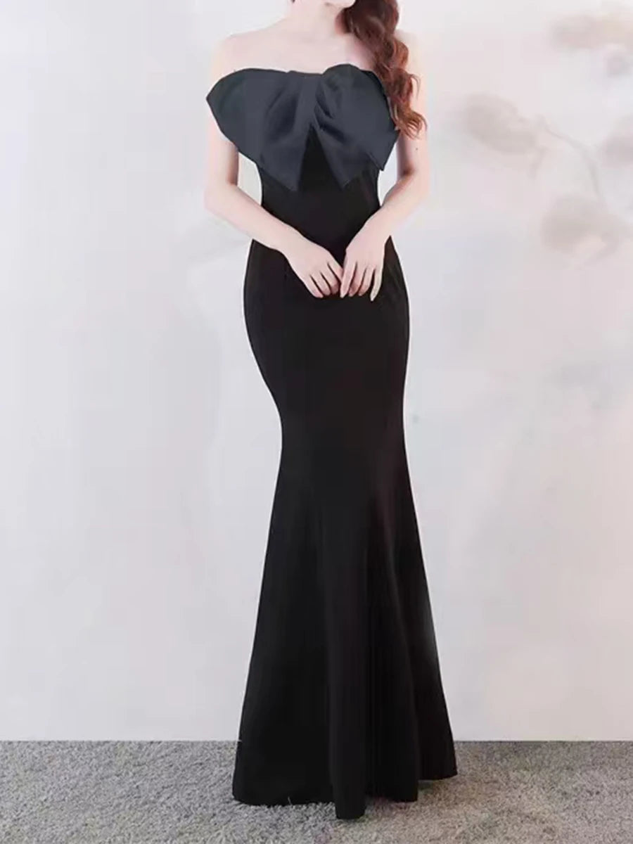Solid Spliced Bowknot Slimming Dresses For Women Strapless Sleeveless High Waist Temperamnet Dress Female Fashion