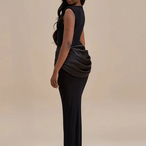 Load image into Gallery viewer, Sleeveless Ruched Sexy Maxi Dress For Women Gown Fashion Black O Neck High Waist Bodycon Club Party Long Dress Vestido
