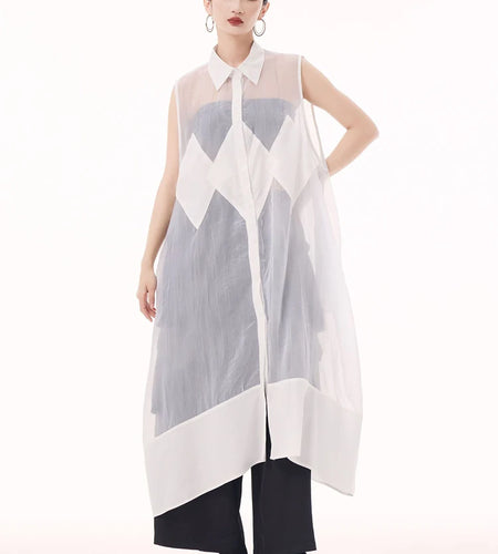 Women Black Mesh Perspective Big Size Long Shirt Dress New Lapel Sleeveless Fashion Tide Spring Summer 2025 1DH9517