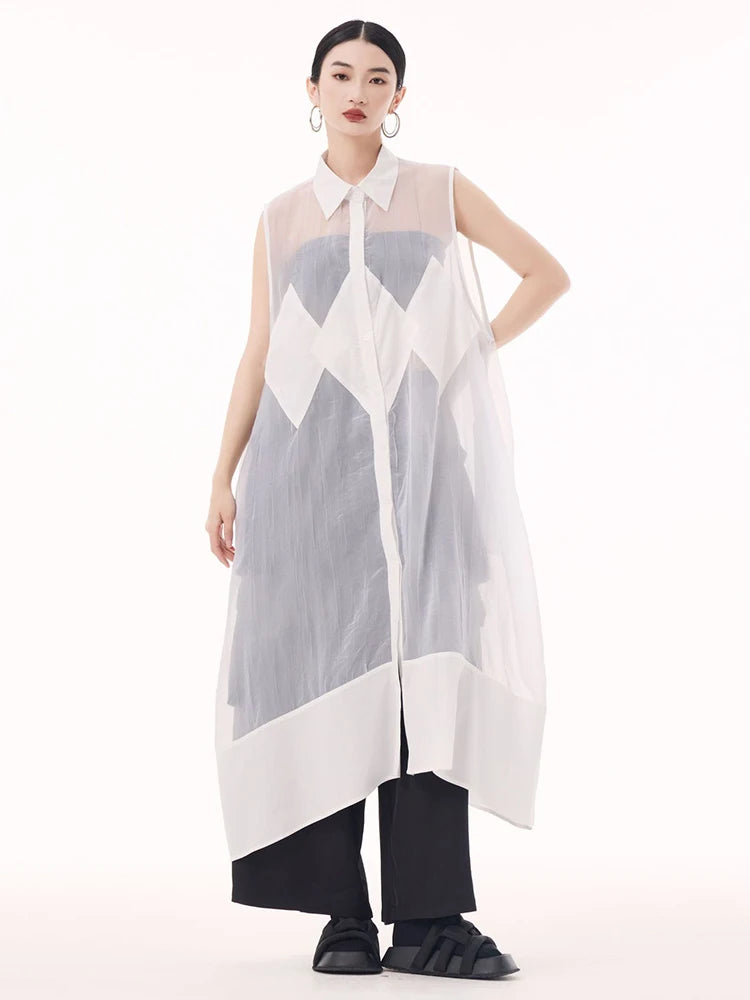 Women Black Mesh Perspective Big Size Long Shirt Dress New Lapel Sleeveless Fashion Tide Spring Summer 2025 1DH9517