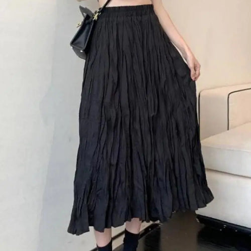 Load image into Gallery viewer, Vintage Black Elegant Elastic High Waist Long Skirts Women Streetwear Summer Fashion Korean Style Vacation White Pleated Skirt
