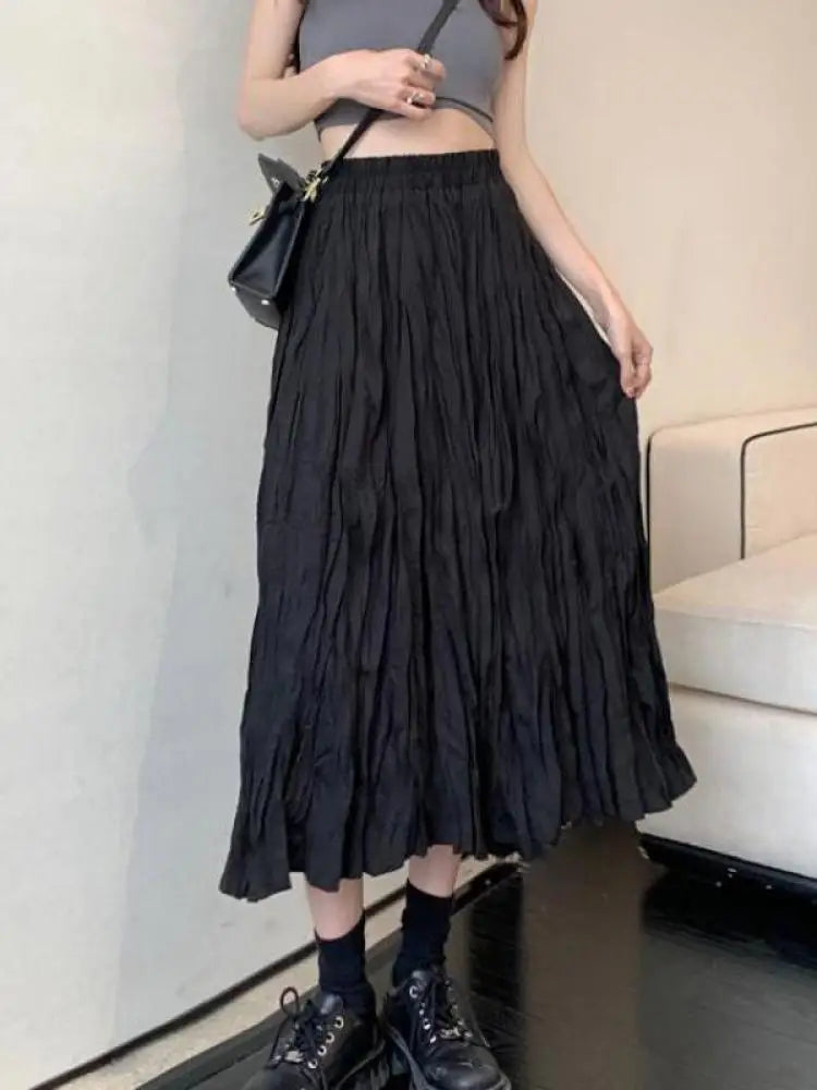 Vintage Black Elegant Elastic High Waist Long Skirts Women Streetwear Summer Fashion Korean Style Vacation White Pleated Skirt
