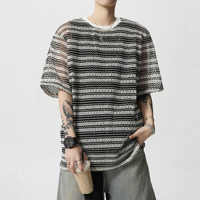 Men's T-shirts Short Sleeve New Korean Style Niche Summer Ice Silk Striped Design Pullover Personality Male Tees 9W1942