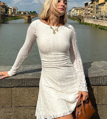 Sexy See Through Double Layer Lace Women Dress White Long Sleeve Round Neck Dress Autumn Slim Elegant Holiday Streetwear
