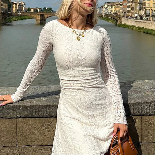 Load image into Gallery viewer, Sexy See Through Double Layer Lace Women Dress White Long Sleeve Round Neck Dress Autumn Slim Elegant Holiday Streetwear
