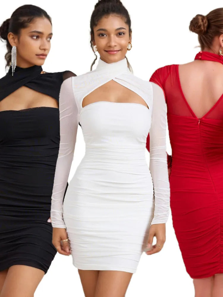 Elegant Mesh Patchwork Elastic Tight Hollow Women Dress Sexy Long Sleeve Backless Fold Double Layer Party Evening Dress