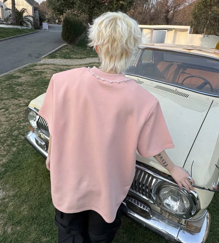 Men's Short Sleeved T-shirts Summer Solid Color Round Neck Collar Handmade Nail Bead Decoration Male Casual T-shirt 9W1500