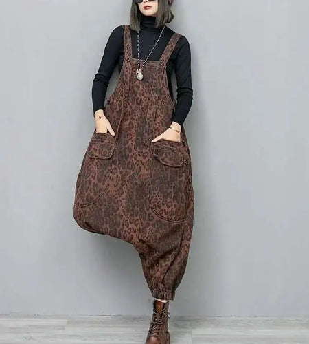 High Waist Leopard Print Denim Pocket Big Size Overalls Wide Leg Jeans New Women Fashion Tide Spring Autumn 2025 1DH6428