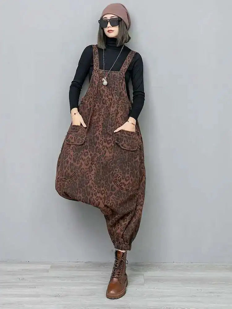 High Waist Leopard Print Denim Pocket Big Size Overalls Wide Leg Jeans New Women Fashion Tide Spring Autumn 2025 1DH6428