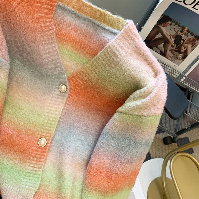 Autumn Winter French Retro Rainbow Colorblock Elegant Knitted Cardigan Tops Women V Neck Single Breasted Long Sleeve Sweater New