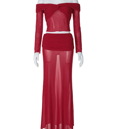 Fashion 2 Pcs Sets Slash Neck Solid Long Sleeve Ruched Sexy Sheer Crop Top Maxi Skirt Women Y2K Vacation Beach Outfit