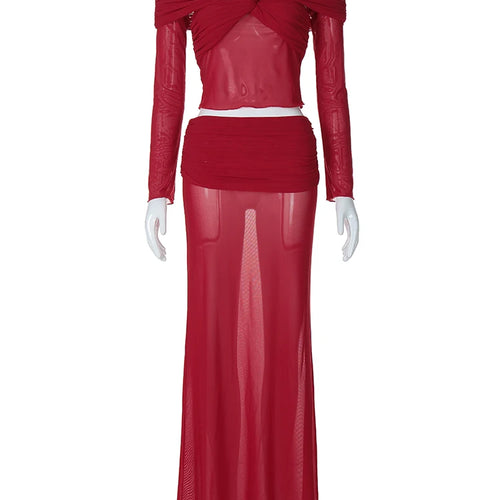 Load image into Gallery viewer, Fashion 2 Pcs Sets Slash Neck Solid Long Sleeve Ruched Sexy Sheer Crop Top Maxi Skirt Women Y2K Vacation Beach Outfit
