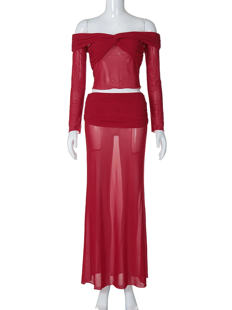 Fashion 2 Pcs Sets Slash Neck Solid Long Sleeve Ruched Sexy Sheer Crop Top Maxi Skirt Women Y2K Vacation Beach Outfit