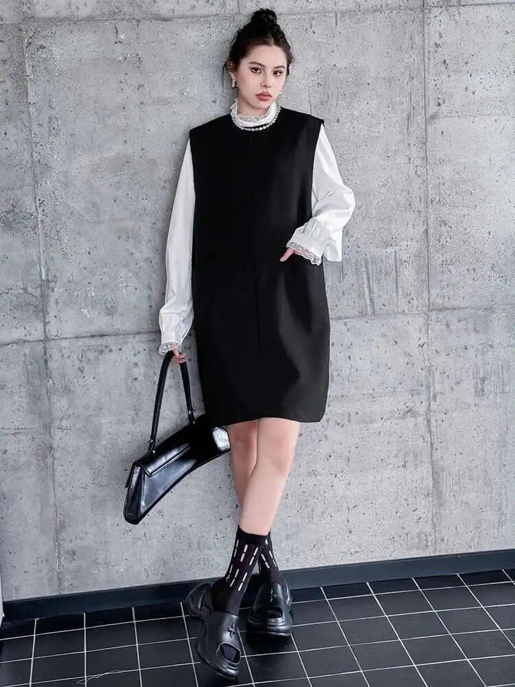 Women Black Brief Elegant Zipper Big Size Mini Dress New Round Neck Sleeveless Fashion Tide Spring Autumn 2025 1DH9820