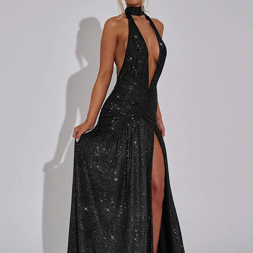 Load image into Gallery viewer, Sexy Sleeveless Backless Shiny Silver Silk Strap Dress For Women Spring 2025 Vestidos Slit Slim Party Evening Dress
