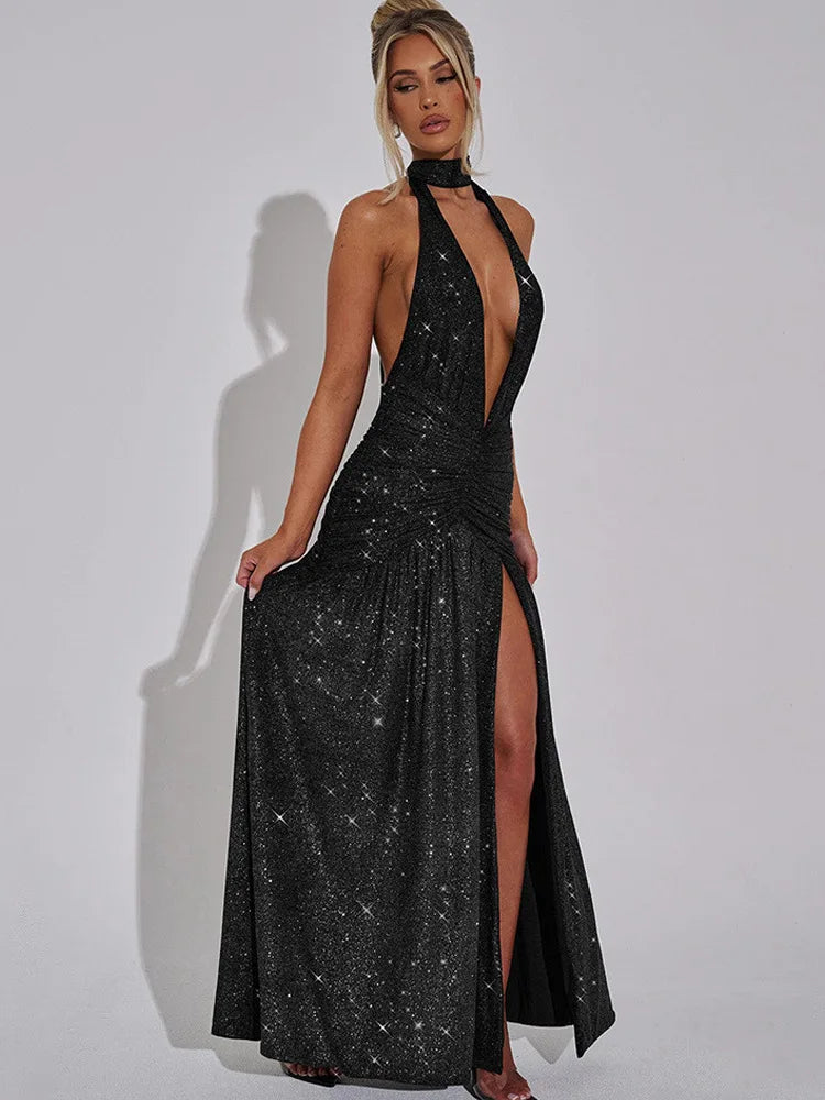 Sexy Sleeveless Backless Shiny Silver Silk Strap Dress For Women Spring 2025 Vestidos Slit Slim Party Evening Dress