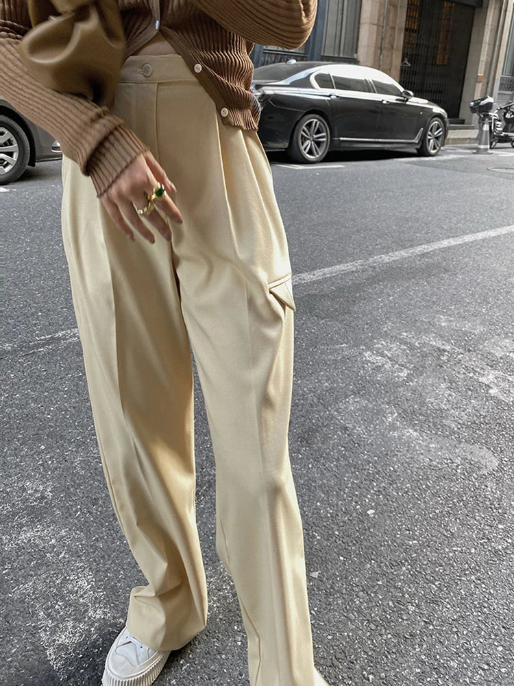 Solid Minimalist Wide Leg Pants For Women High Waist Loose Casual Trousers Female Spring Clothing Style