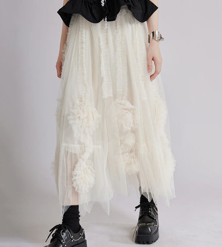 High Elastic Waist Apricot 3d Flower Mesh A-line Half-body Skirt Women Fashion Tide New Spring Autumn 2025 1DJ1515