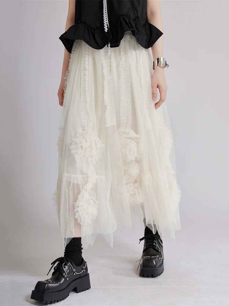 High Elastic Waist Apricot 3d Flower Mesh A-line Half-body Skirt Women Fashion Tide New Spring Autumn 2025 1DJ1515