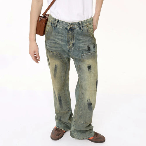 Load image into Gallery viewer, High Street Men&#39;s Jeans Worn-out Graffiti Painting Contrast Color Casual Denim Pants Straight Menwear Stylish 9C6500
