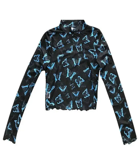 Sexy Y2k T Shirts Crop Top Women Clothing Half High Collar Gauze Tees Chic Summer Camisetas Butterfly See Through Casual T-shirt