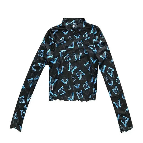 Load image into Gallery viewer, Sexy Y2k T Shirts Crop Top Women Clothing Half High Collar Gauze Tees Chic Summer Camisetas Butterfly See Through Casual T-shirt
