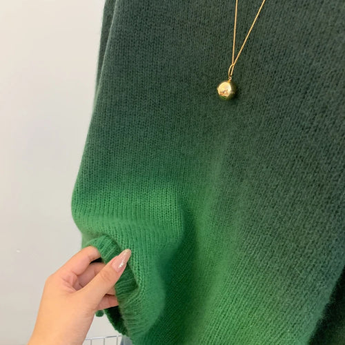 Load image into Gallery viewer, Autumn Winter Green Gradient Elegant Short Sweater Women Korean Fashion Elegent O-neck Long Sleeve Festival Knit Pullover Tops
