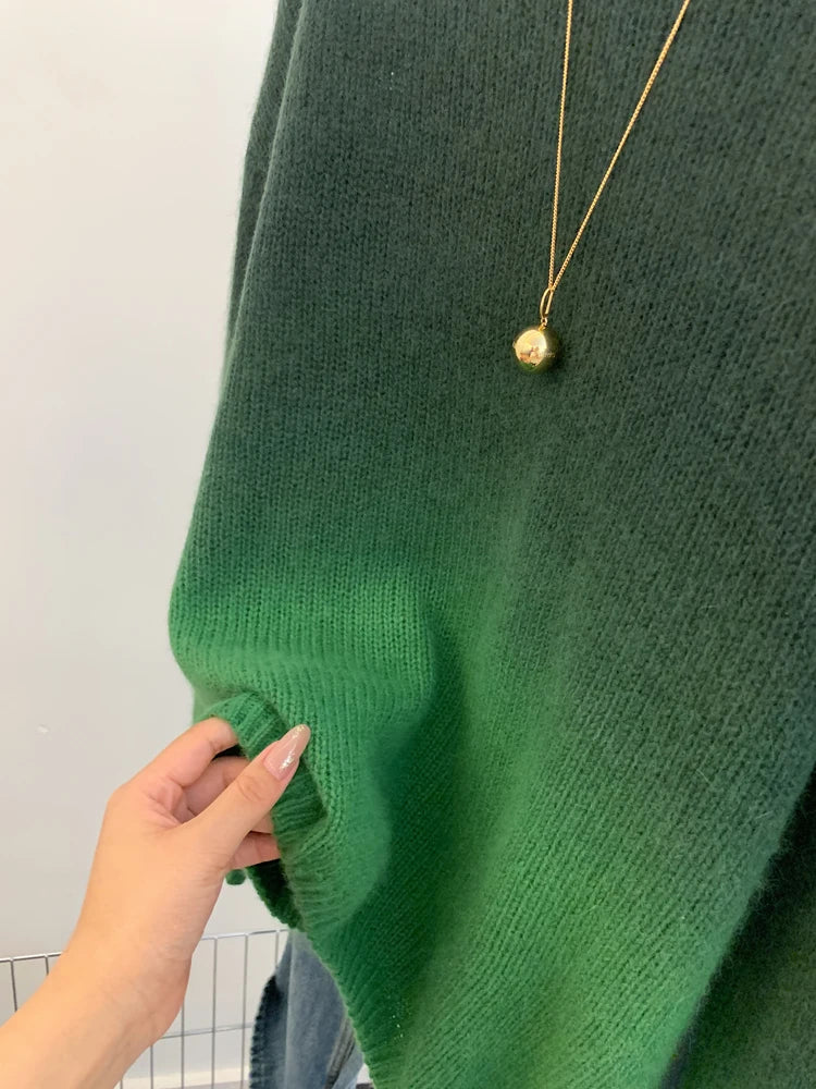Autumn Winter Green Gradient Elegant Short Sweater Women Korean Fashion Elegent O-neck Long Sleeve Festival Knit Pullover Tops