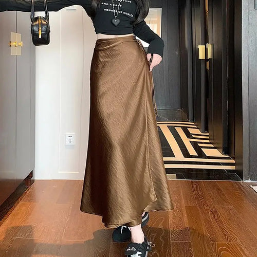 Load image into Gallery viewer, French Fashion Solid High Waist Lace-up Long Skirts 2025 Spring Summer Women Vacation Pleated Fishtail Skirt Simplicity Popular
