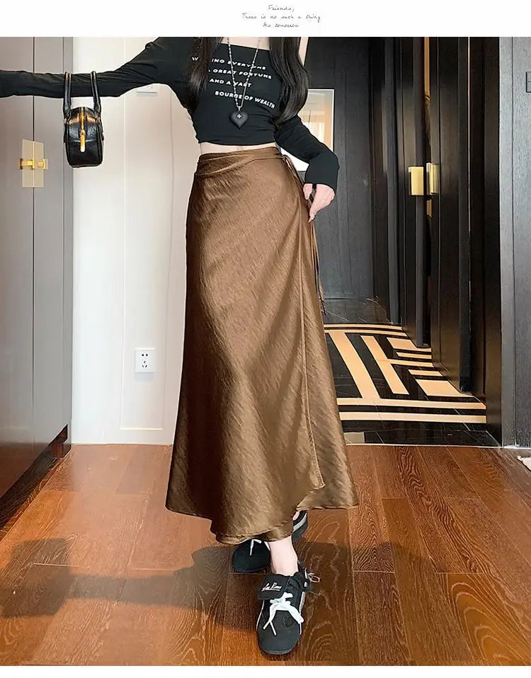 French Fashion Solid High Waist Lace-up Long Skirts 2025 Spring Summer Women Vacation Pleated Fishtail Skirt Simplicity Popular