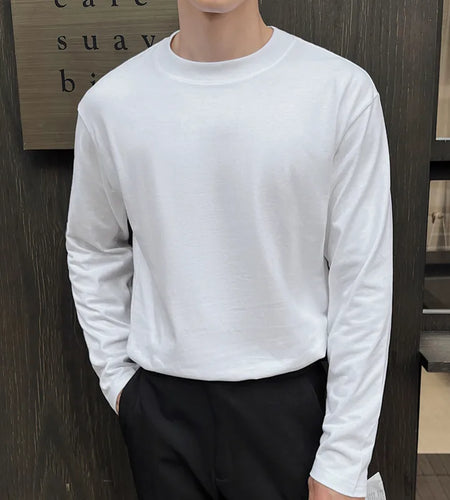 Men's Long Sleeve T-shirts Solid Color Design Korean Round Neck Fashion Loose Top Pullover Male Clothing Spring 9W1569