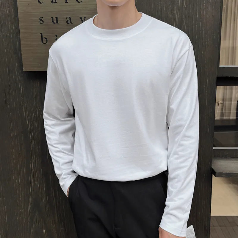 Men's Long Sleeve T-shirts Solid Color Design Korean Round Neck Fashion Loose Top Pullover Male Clothing Spring 9W1569