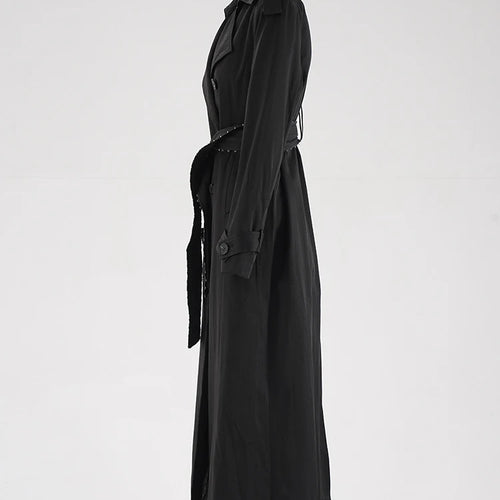 Load image into Gallery viewer, Women Black Belted Big Size Long Elegant Trench New Lapel Long Sleeve Windbreaker Fashion Tide Spring Autumn 2025 CPDB265
