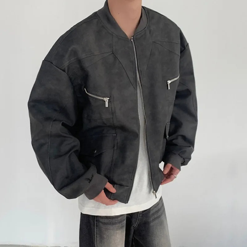 American Style Men's Jackets Casual PU Leather Zipper Patchwork Solid Color Loose Male Tops New Winter 2024 Fashion 9C6885