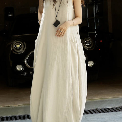 Load image into Gallery viewer, Women Khaki Brief Pocket Casual Long Elegant Bud Dress New Round Neck Sleeveless Fashion Tide Spring Summer 2025 1DJ1330
