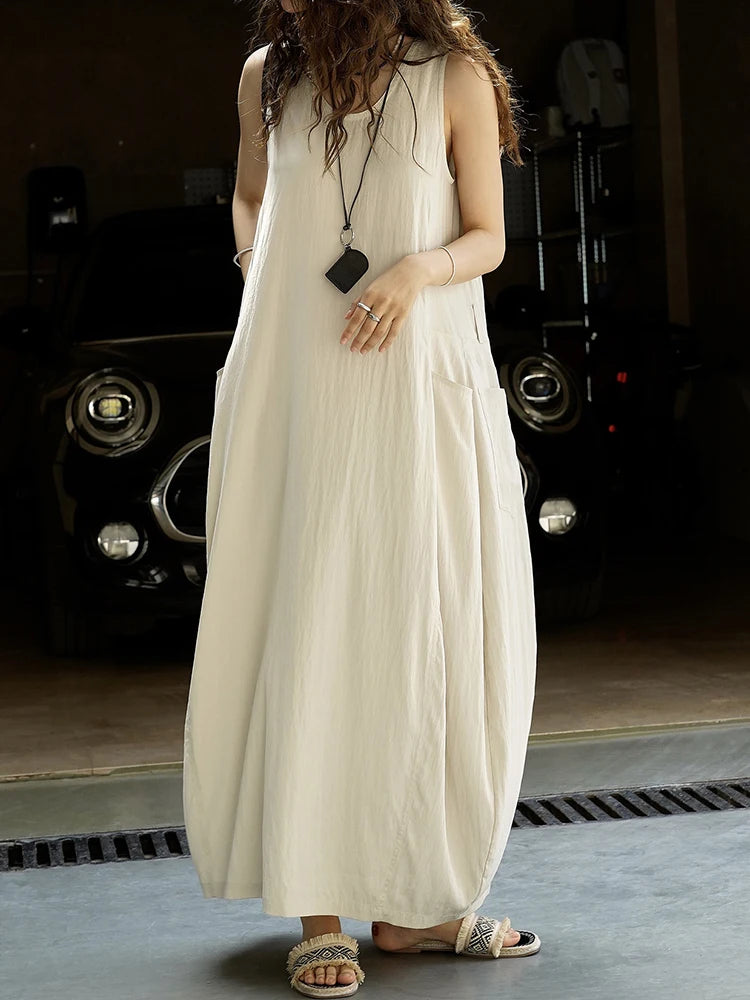 Women Khaki Brief Pocket Casual Long Elegant Bud Dress New Round Neck Sleeveless Fashion Tide Spring Summer 2025 1DJ1330