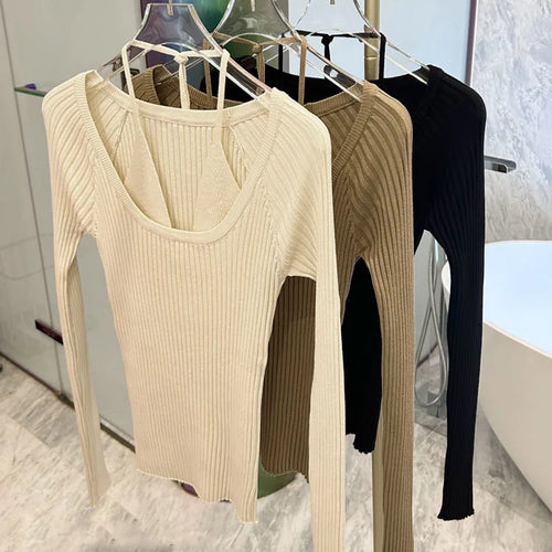 Load image into Gallery viewer, Fake Two-Piece Halter Beige Sweater T-shirt Women&#39;s Autumn 2023 New Long Sleeve Slim Tight Bottoming Sweater  C-059
