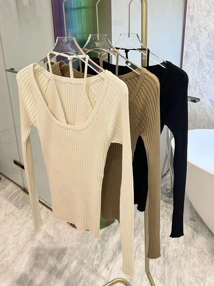 Fake Two-Piece Halter Beige Sweater T-shirt Women's Autumn 2023 New Long Sleeve Slim Tight Bottoming Sweater  C-059