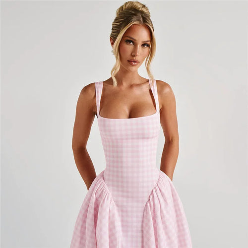 Load image into Gallery viewer, Plaid Printed Maxi Dress For Women Gown Summer New Spaghetti Strap High Waist A-line Backless Club Long Dress Vestido
