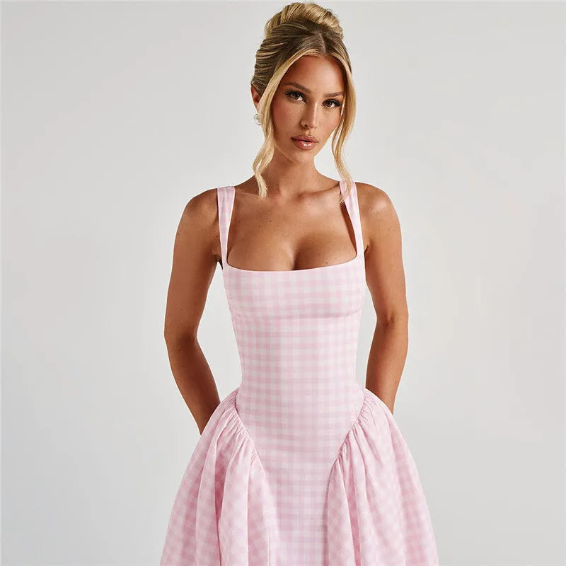 Plaid Printed Maxi Dress For Women Gown Summer New Spaghetti Strap High Waist A-line Backless Club Long Dress Vestido