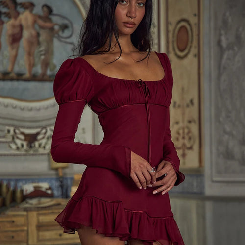 Load image into Gallery viewer, Long Sleeve Ruffled Sexy Mini Dress For Women Fashion Square Collar Backless Lace-up Bodycon Club Party Dress Elegant
