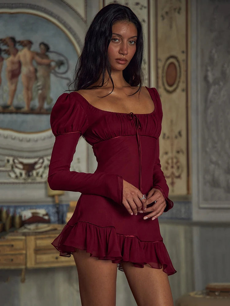 Long Sleeve Ruffled Sexy Mini Dress For Women Fashion Square Collar Backless Lace-up Bodycon Club Party Dress Elegant