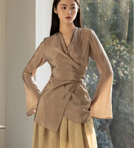 Patchwork Lace Up Shirt For Women V Neck Long Sleeve Tunic Solid Vintage Casual Blouse Female Fashion Clothing